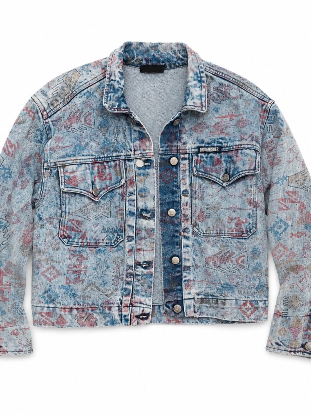 RARE Vintage Rough Rider Womens Large Graffiti Aztec Denim Jacket - Size Small